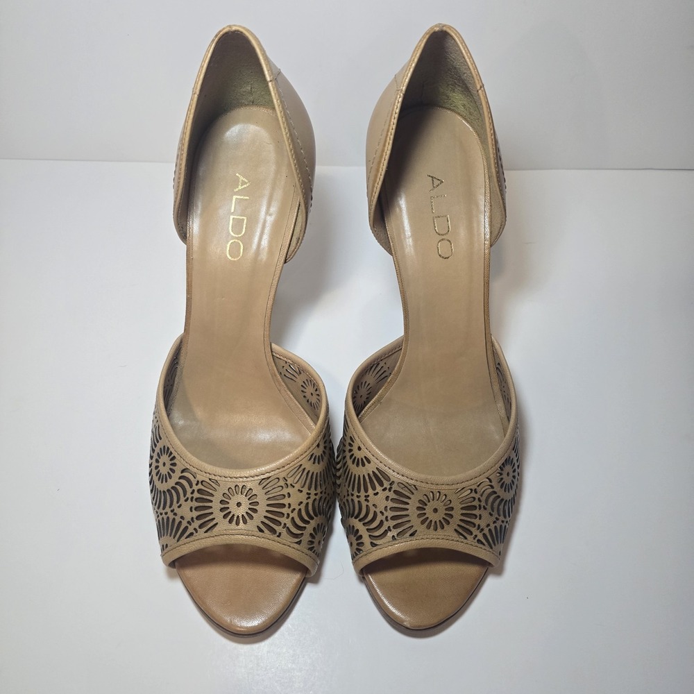 ALDO Leather Laser Cut Peep Toe Heels EU 39 US 8.5 Tan D'Orsay Pumps Brazil